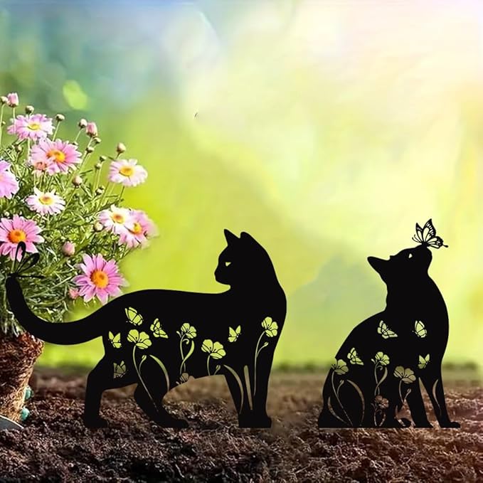 Cat Metal Garden Stakes Decorative(2 Pack),Cat Gifts for Women/Men/Cat Lovers Gifts,Black Cat Silhouette Statues Garden Decor for Outside,Outdoor Decor,Yard Art,Patio,Lawn Ornaments,Small