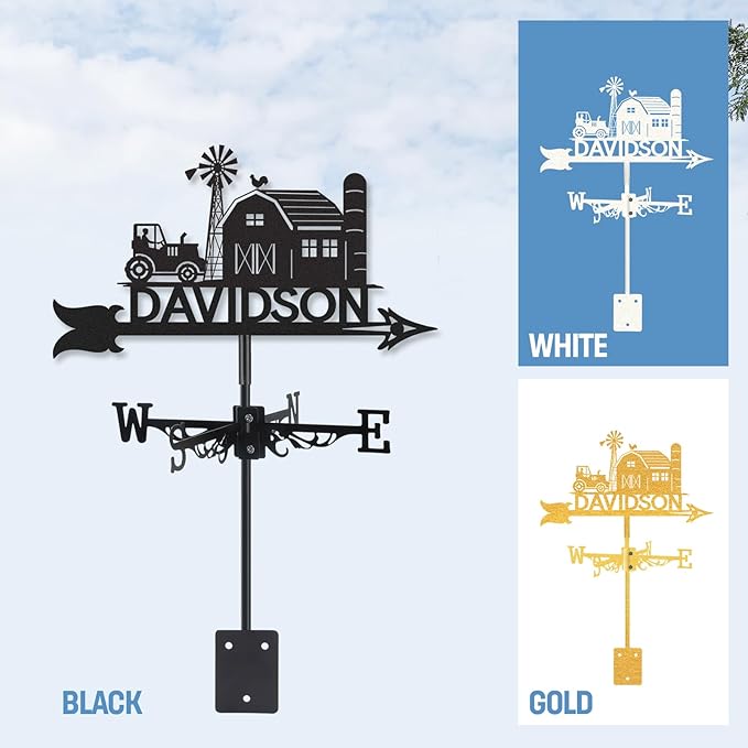 Personalized Farmhouse Metal Weather Vane, Custom Name Weathervane, Wind Direction Indicator, Weather Vanes Roof Mount, Wind Vane Outdoor Decor for Farm Shed Garden Yard Patio, Customized Gifts