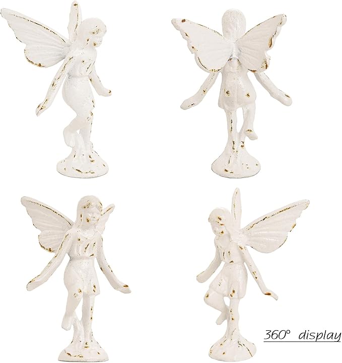 Sungmor Cast Iron Angel Statue, Rustic White Playful Fairy Figurines, Creative Angel Pixie Collection Home Office Desk Decor, Indoor Outdoor Fairy Garden Accent Ornament