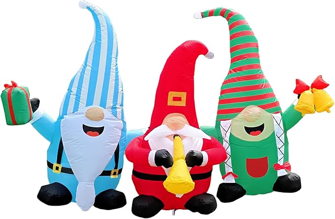 Christmas Decorations Inflatables Outdoor, 6FT Long 3 Gnomes with Gift Box, Trumpet and Bell, Cute Xmas Blow Up Built-in LED Lights Holiday Decor for Indoor Garden Yard Lawn
