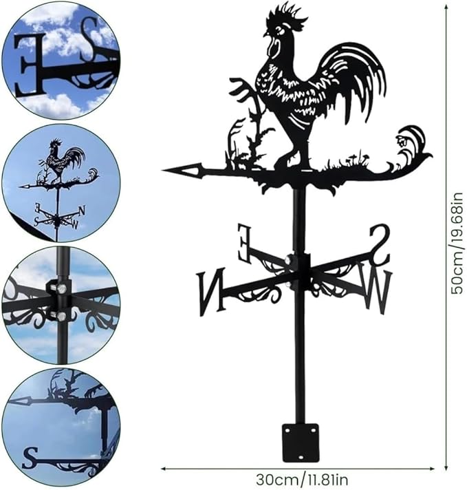 Rooster Weathervane Silhouette Art Black Metal Cock Wind Vanes Indicator Kit Outdoor Bracket for Garden Roof Yard Building (M)