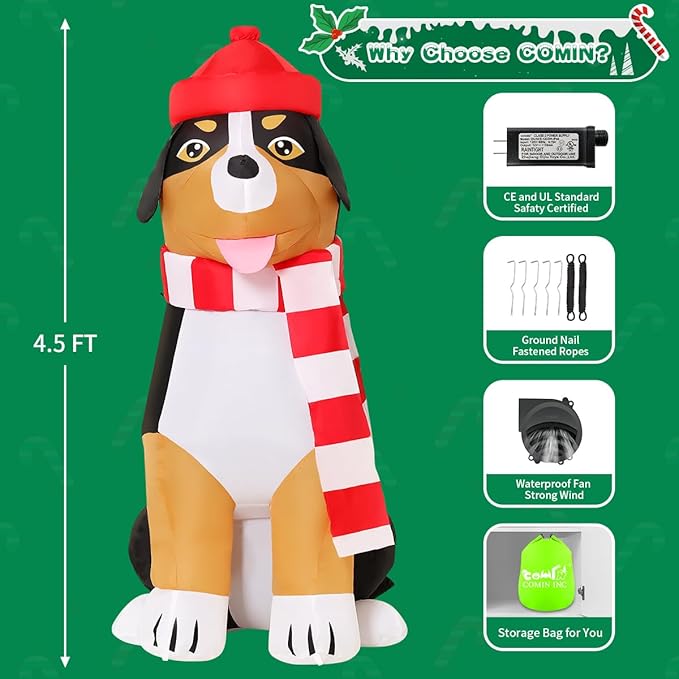 COMIN 4.5 FT Christmas Decorations Outdoor Inflatables Dog Christmas Scarf Blow Ups with Built-in LEDs for Yard Party Lawn Decor