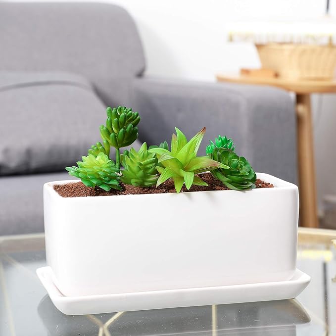 10 inch Rectangular White Ceramic Planter Pot Succulent Cactus Herb Flower Container Window Box Saucer Removable Drip Tray Base Drain Holes Home Office Indoor Outdoor Garden Desktop