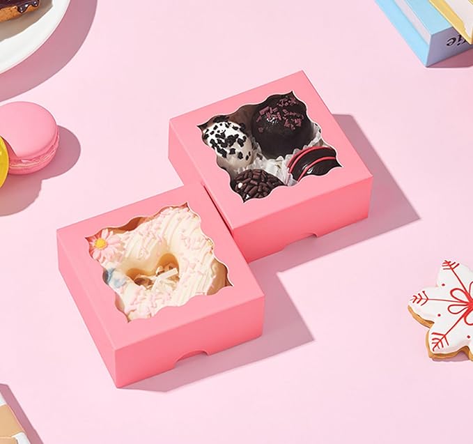 RomanticBaking 3 ¼" x 3 ¼" x 1 ½" 50PCS Chocolate Truffle Boxes for 4,Cookies Boxes Soap Boxes Donut Boxes Macaron Boxes Mini Bakery Boxes with Window Brownie Box