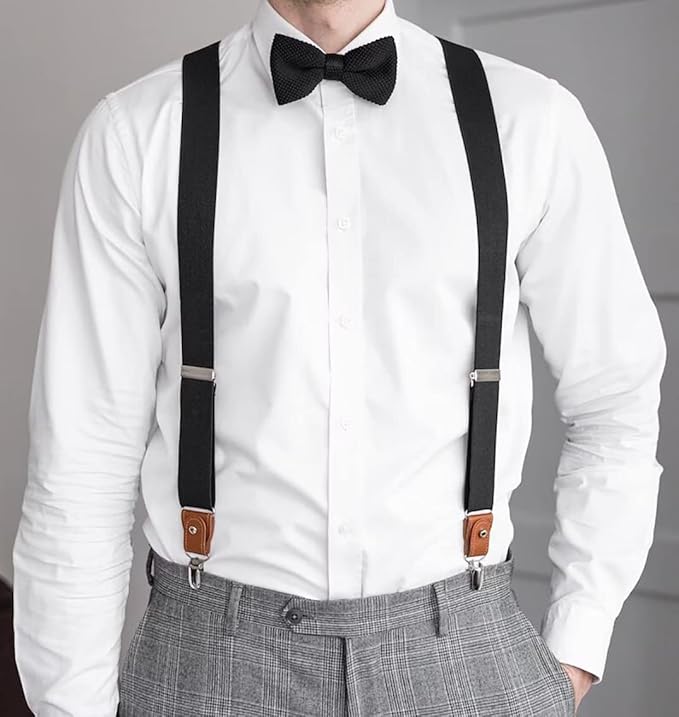 UPSONG Mens Suspenders,Brown Leather Button Tab and Clip Braces Heavy Duty Suspender Wedding Suspenders for Groom Groomsmen