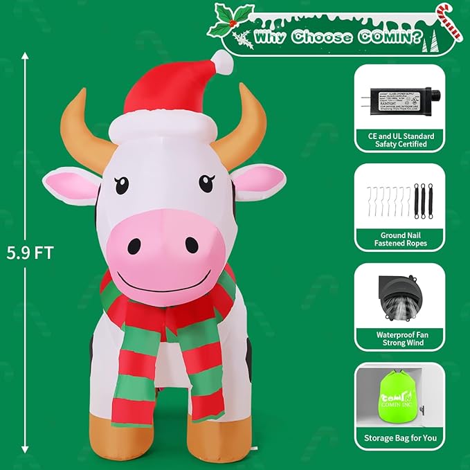 COMIN 5.9 FT Christmas Inflatables Outdoor Decorations Inflatable Cow with LEDs,Quick Blow Up with Built-in LEDs for Yard Party Lawn Decor