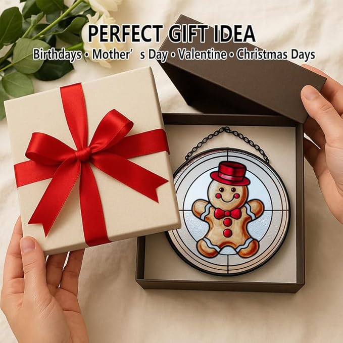 Stained Glass Window Hanging – 11.8 in Gingerbread Man Panel with Chain, Bathroom Front Door Living Room Garden Decor for Mom Wife Lovers