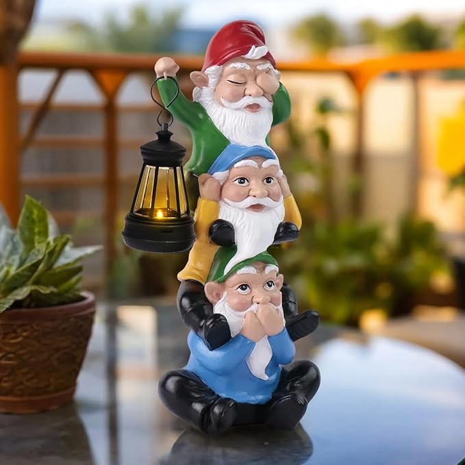 Funny Garden Gnome Statues with Solar Lights Outdoor Decorations, Triple Gnome Statues Unseen Unheard Unspeak Sculptures Outdoor Patio Lawn Yard Garden Decor Housewarming Gifts