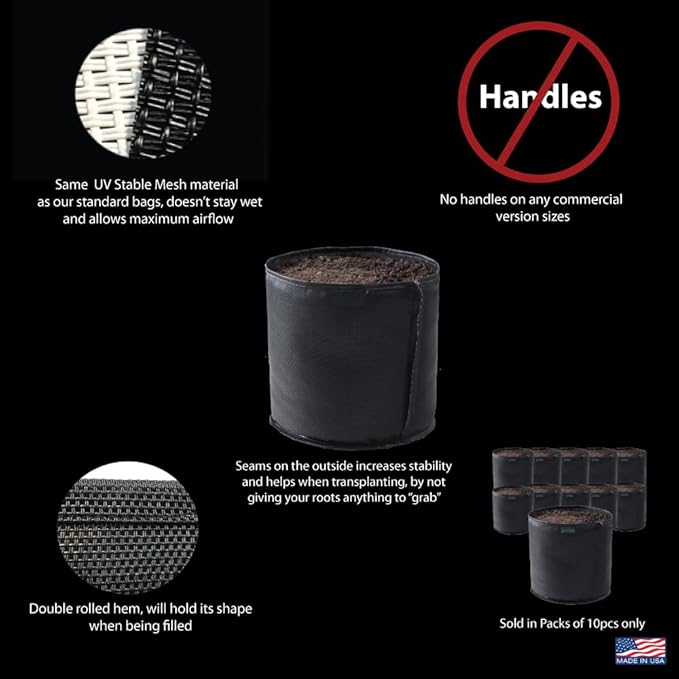 Commercial Grow Bag Pack of 10, Air Pruning Mesh Fabric Plant Containers (1 Gallon, Black)