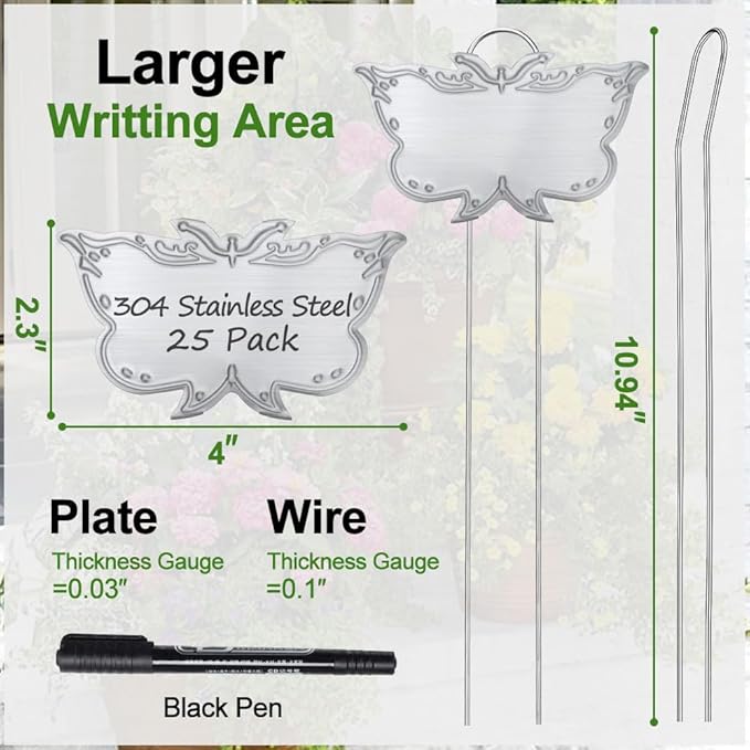 Metal Plant Labels, Tall Outdoor Butterfly Garden Markers for Flowers, Fruits and Vegetables, 304 Stainless Steel Weatherproof Signs (25 Packs, 4" x 2.3", Silver Butterfly Design)