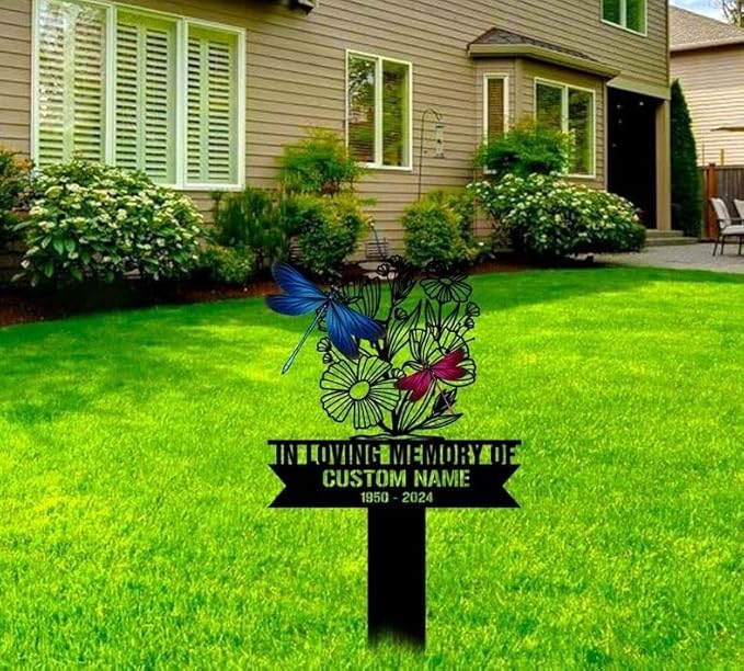 Custom Dragonfly Memorial Stake – Dragonfly Metal Grave Marker, Garden Yard Stake Outdoor Decor (Dragonfly Memorial)