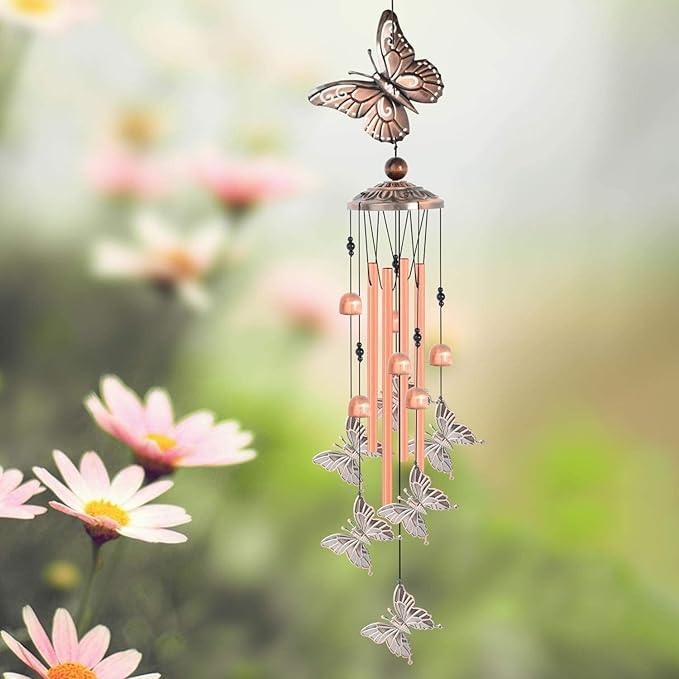 Butterfly Wind Chimes for Outside,34 inch Length Memorial Butterfly Wind Chime with 4 Large Aluminum Tubes & S Hook,Indoor Outdoor Decor Hanging Wind Catcher Bell for Home,Garden,Patio,Backyard,Porch