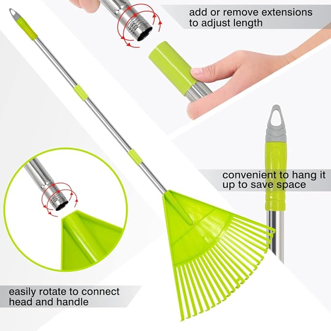 Colwelt Plastic Leaf Rake with 56'' Lightweight Stainless Steel Handle, 22Tines Plastic Head & Garden Gloves for Collecting Loose Debris