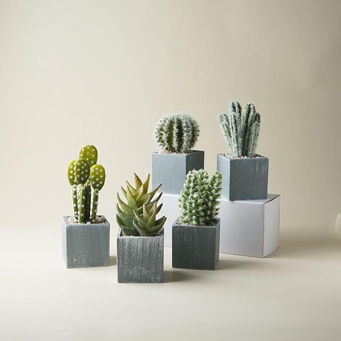 Cactus Artificial Plants in Gray Pots, Realistic Faux Cactus Potted Décor for Home, Office, Kitchen, Living Room, Desk, Shelf, and Indoor Decoration (Spherical)