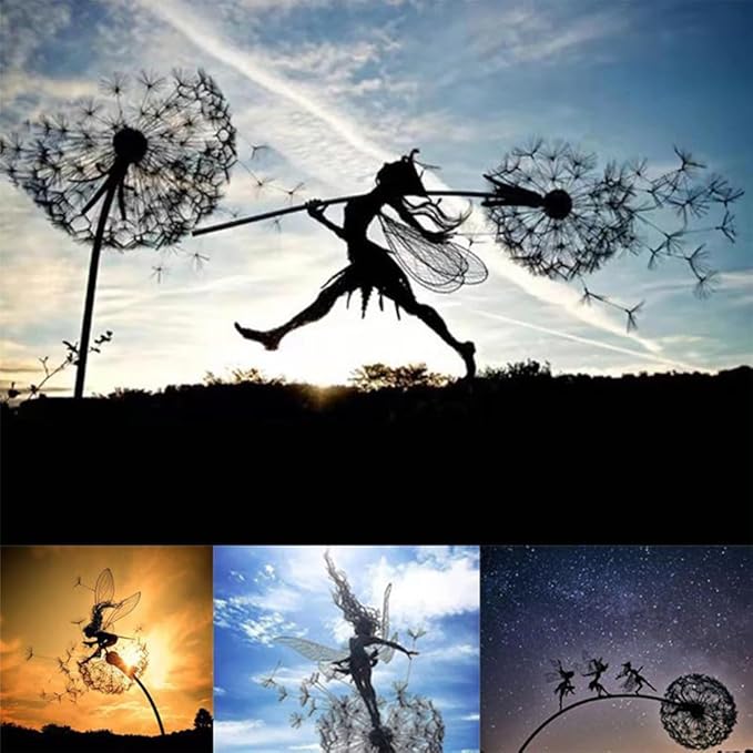 Flower Fairy Dancing with Dandelion Garden Art Sculpture Stainless Steel Statue Christmas Halloween Decoration for Outdoor Yard Courtyard Lawn Patio Metal Ornaments (Three Persons)