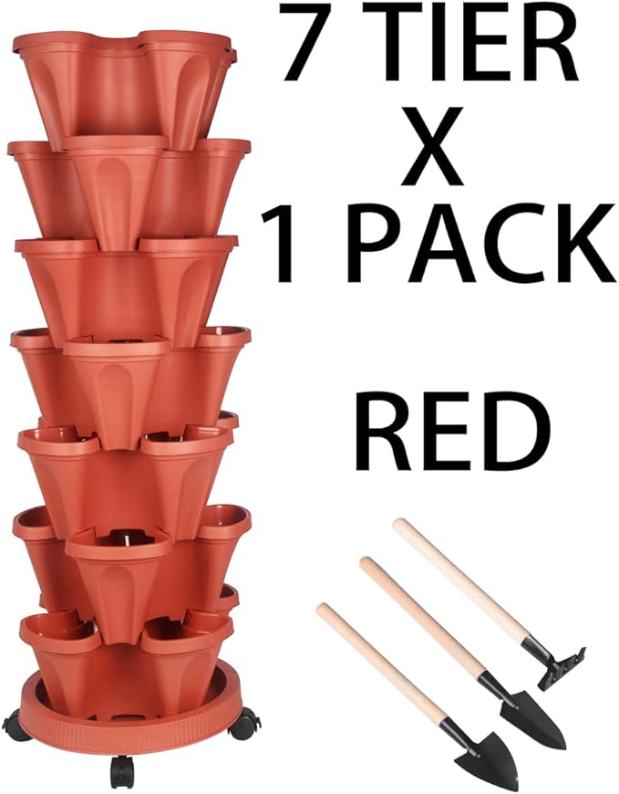 GameXcel Vertical Planter 7 Tier Stackable Planters Garden Planters Strawberry Herb Flower and Vegetable Planter Indoor Outdoor Gardening Pots with Removable Wheels and Tools
