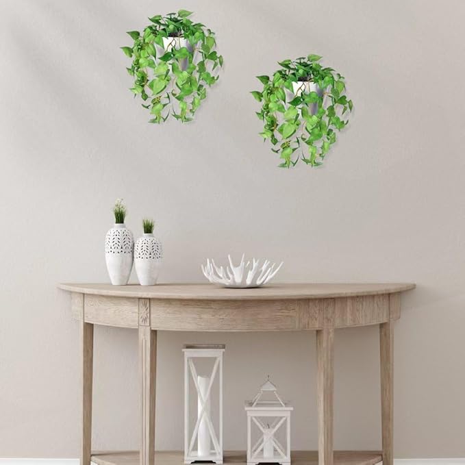 Artificial Hanging Potted Plants Set of 2, Fake Eucalyptus Vine Plant with Half Pot Planters, Medium Faux Greenery for Wall Home Room Indoor Outdoor Decor