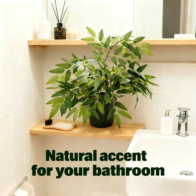 17.7" Tall Fake Plant Green Willow Leaves Artificial Indoor Faux Plant in Textured Black Ceramic Pot Realistic Decorative Plant for Home Office Bathroom Kitchen Bookshelf Small Space