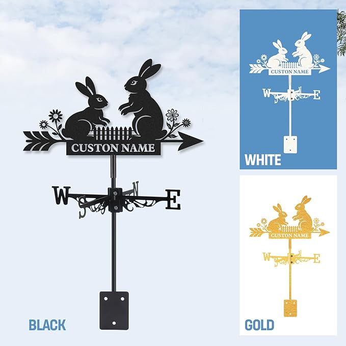 Personalized Rabbits Metal Weather Vane, Custom Family Name Weathervane, Wind Direction Indicator, Weather Vanes Roof Mount, Wind Vane Outdoor Decor for Farmhouse Garden Patio, Housewarming Gifts