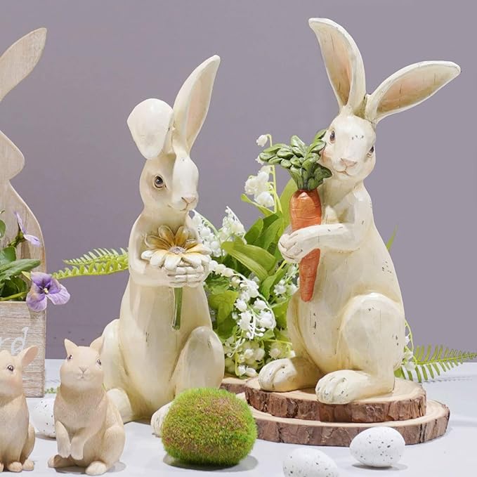 Newman House Studio Easter-Decorations - Spring Bunny Decor - Table Centerpiece - Spring Figurines - Indoor Bunny Statues with Flower Farmhouse Office Room Decor for Table 5 * 4.25 * 11.75 inch