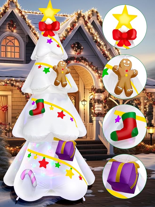 EBANKU 9 FT Christmas Inflatable Xmas Tree Outdoor Decorations, Blow Up Yard Decoration Christmas Tree with Star Gingerbread Man, Build in LEDs, Colorful Rotating Light for Holiday Indoor Garden Lawn