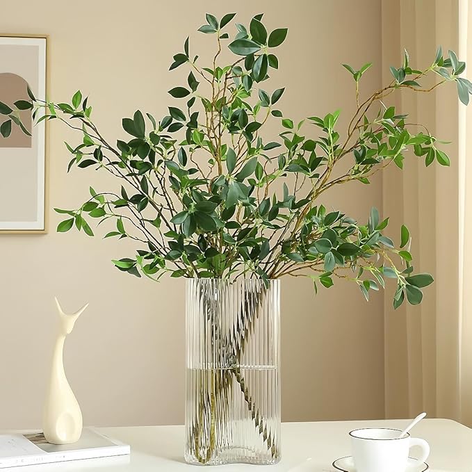 MeDecor 3Pcs Artificial Plants Greenery Stems, 43.3" Tall Faux Ficus Plant Spring Summer Twig Branches Fake Green Plants Stem for Vase Home Party Wedding Garden Office Decorations