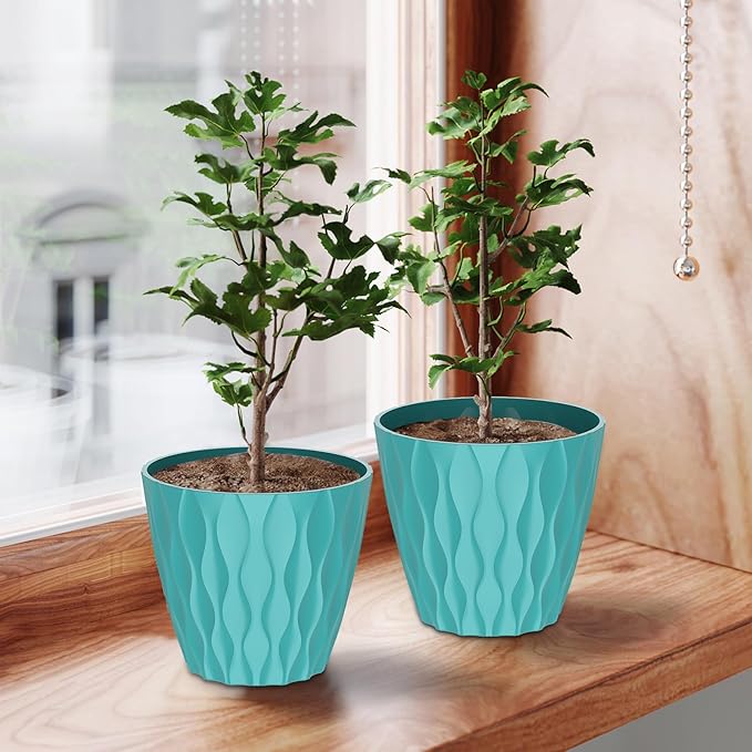 7 Inch Plant Pots with Saucers, 6 Pack Indoor Flower Pots, Planters with Drainage Holes for Orchids, Violets, Succulents, Herbs, and Other Plants, White (Black-Green, 7inch)