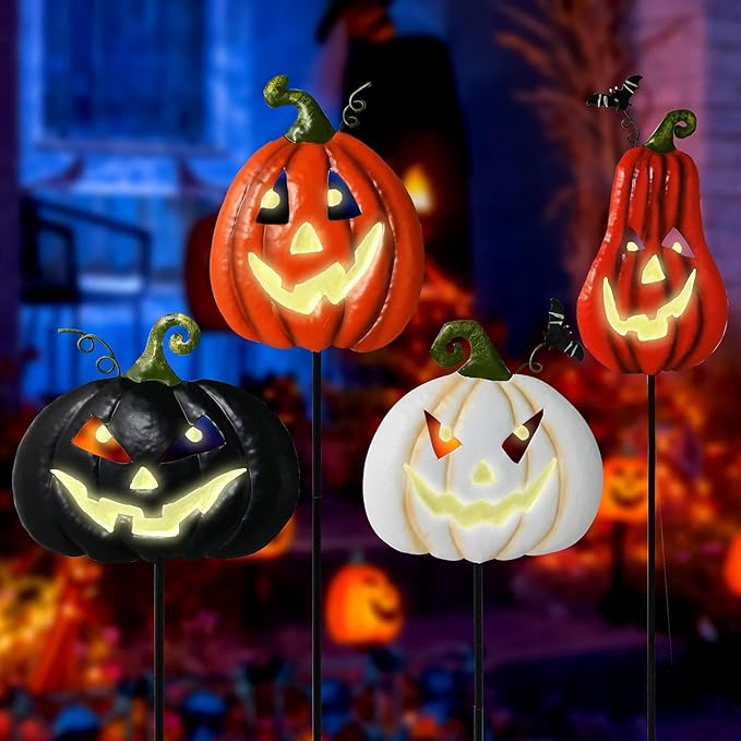 Halloween/Thanksgiving Metal Stakes Pumpkin, Jack o Lantern Spooky Faces Smile with Luminous Effect, Garden Yard Signs, Halloween Pumpkins Outdoor, Pumpkin Decorations Outdoor,Set of 4