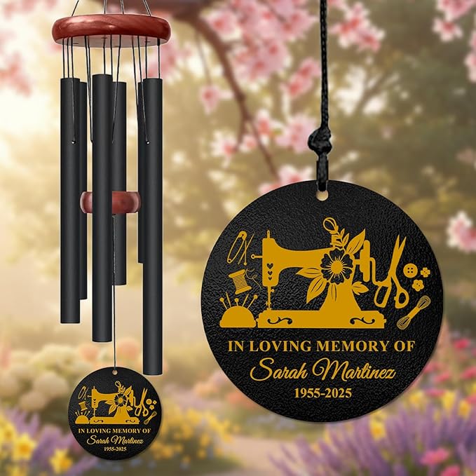 Personalized Sewing Memorial Wind Chime – “in Loving Memory of” Golden Engraved Sewing Machine Design – Custom Name & Years Sympathy Gift for Loss of Loved One – Memorial Windchimes for Craft Lovers