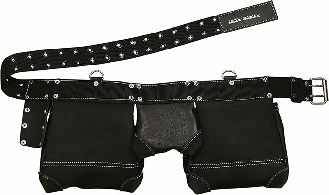 Professional Leather Tool Belt, Black, Multi-Pocket Construction Pouch with Metal Buckle, Heavy Duty Carpenter Framer Handyman Belt