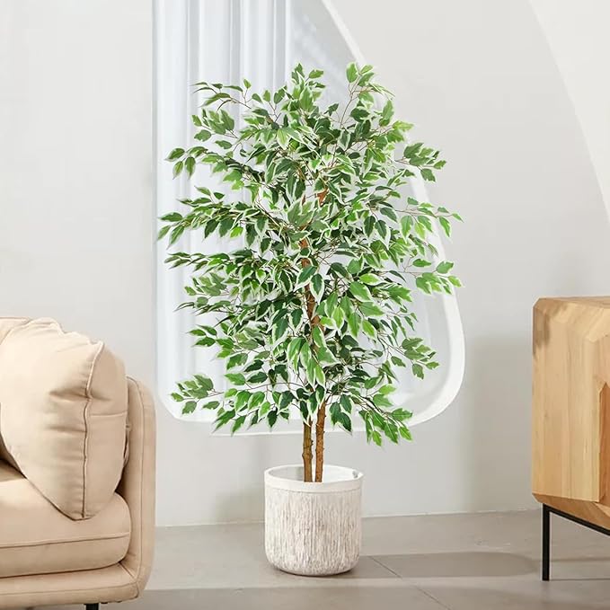 GTIDEA 2 Pcs 5ft Ficus Artificial Trees, Tall Faux Trees Indoor with Natural Trunk and Fake Silk Tree Fake Plants for Home Fall Decor Living Room Outdoor Balcony House Office (Included Dried Moss)