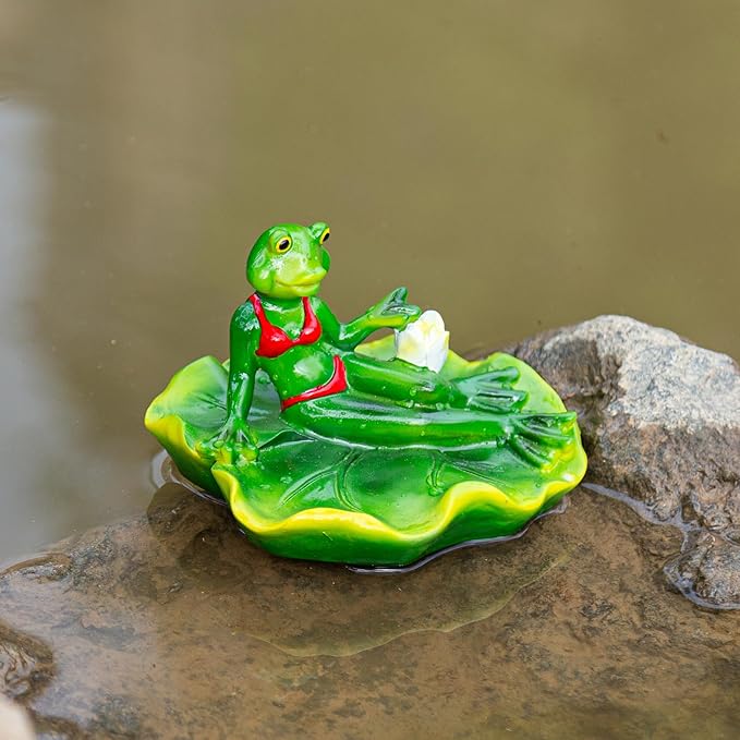 Floating Frog Garden Decor, Lily Pad Pond Ornament, Red Bikini Design,Craft for Floating Lotus Flower Home Garden Decoration Photo Prop Gift