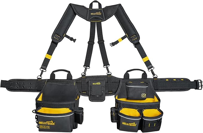 MELOTOUGH Carpenters Tool Belt with Suspenders Professional Tool Belt Combo Organizer With Tool Pouch Suspenders with 32 Pockets and Loops fits 33"-47"Waist for Electrican/Contractor/Technican(Yellow)