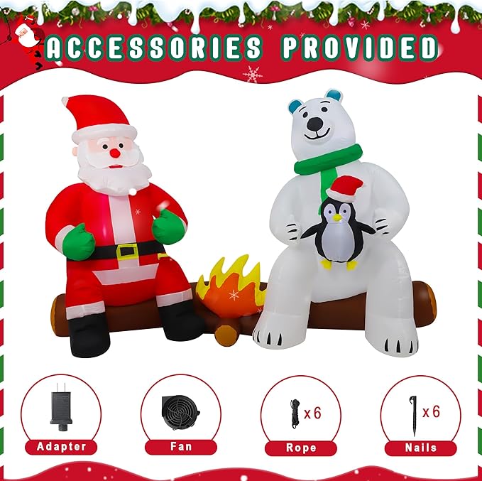 10FT Long Christmas Inflatables Decorations, Outdoor Santa & Polar Bear Campfire Giant Blow Up with Built-in LED Lights for Yard Garden Lawn Holiday Decor