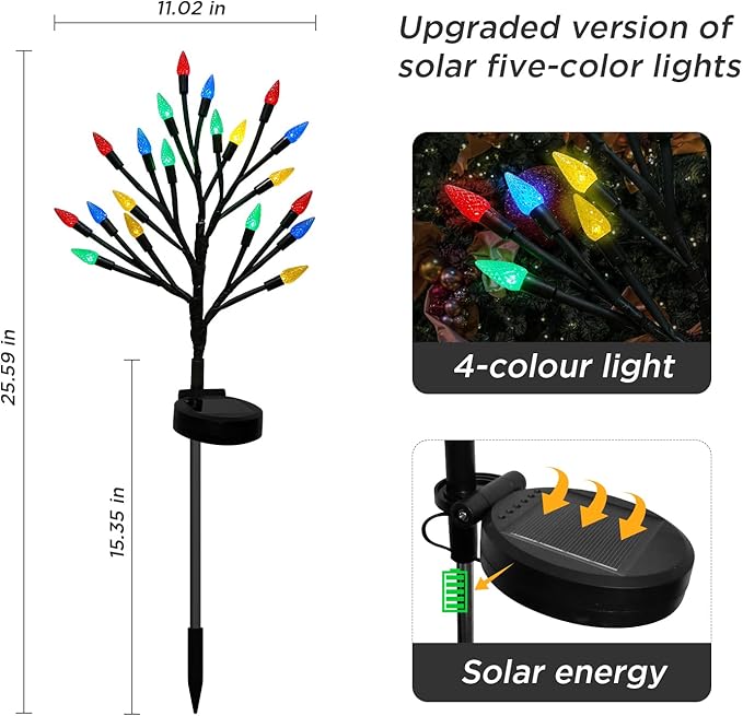 Christmas Outside Decorations Solar Pathway Lights-2PACK 40LED Multicolor C6 Strawberry Lights Xmas Decor,Outdoor Solar Christmas Lights for Garden Yard Path Party Decor