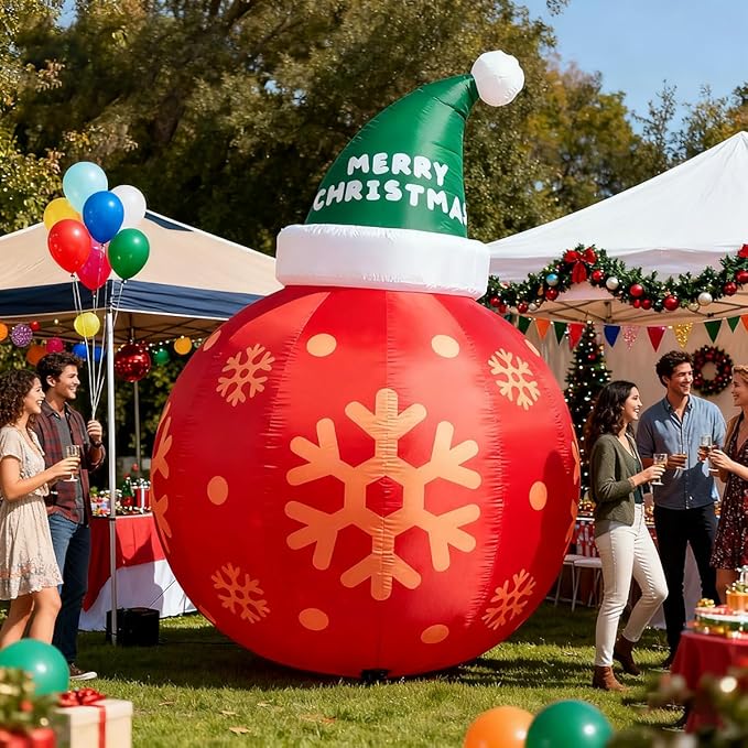 8ft Red Christmas Ball with Santa Hat Inflatable Outdoor Indoor Decor, Giant Blow Up IP44 Weatherproof Xmas Decorations for Yard, Built-in 7-Color LED Rotating Light for Gardern Lawn Winter Holiday