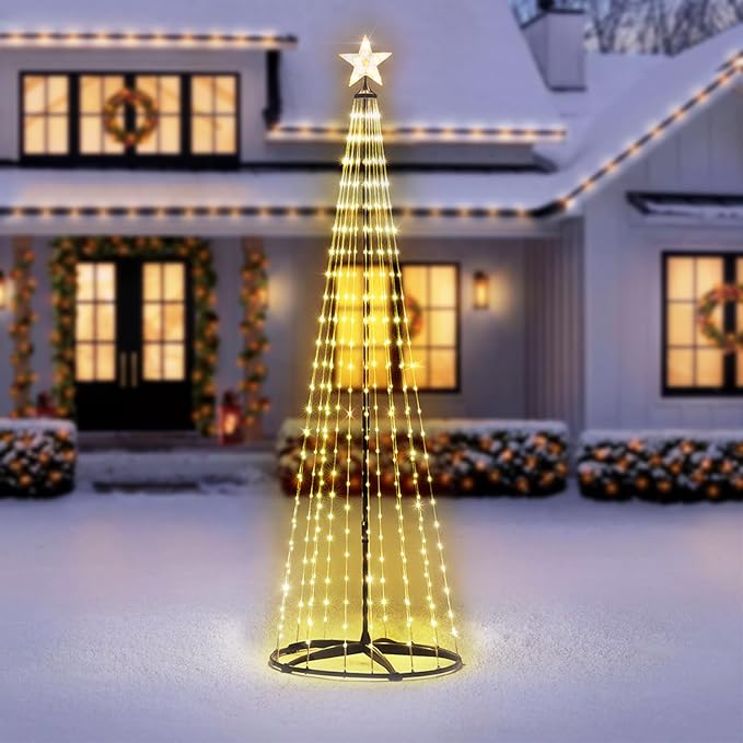 7 ft Lighted Outdoor Christmas Tree, 310 LEDs Pre-lit Christmas Cone Tree with Star Topper for Indoor and Outdoor Holiday Decorations (Warm White)