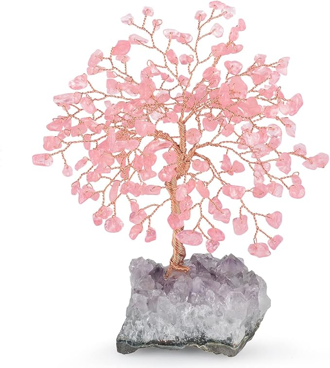 Natural Rose Quartz Gemstone Crystal Tree of Life, Amethyst Cluster Base,Feng Shui Decor Bonsai Money Tree,Healing Crystal Positive Energy Gift Size 5.5-6.3 Inches