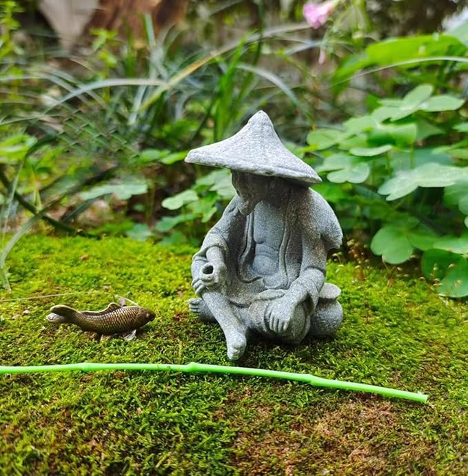 livelyfish Mini Fisherman Statue Asian Zen Decoration Sitting Fishing Figurines Sandstone Vintage Ornament for Aquarium Fish Tank Pot Garden Home Japanese Decor, C