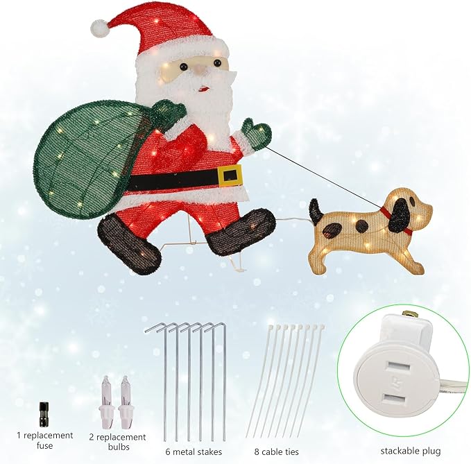 WATERGLIDE Lighted Christmas Santa Claus with Puppy, 26.5 Inch Pre-Lit 2D Tinsel Santa Walking Dog Xmas Outdoor Yard Decor with Lights, Light Up & Plug in for Festive Xmas Holiday Garden Lawn Display