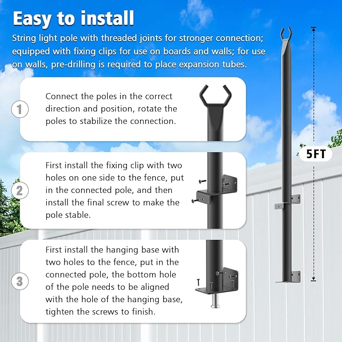 5 Ft String Light Poles 6 Pack, String Light Poles for Outside with Fixing Clips,Hanging Light Poles for Deck Fence Garden Backyard Wall Bistro,Metal Poles for Outdoor String Lights