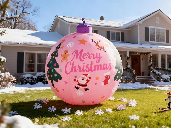LANGXUN 8ft Pink Christmas Ball Inflatable Outdoor Indoor Decor, Giant Blow Up IP44 Weatherproof Xmas Decorations for Yard, Built-in 7-Color LED Rotating Light for Gardern Lawn Winter Holiday
