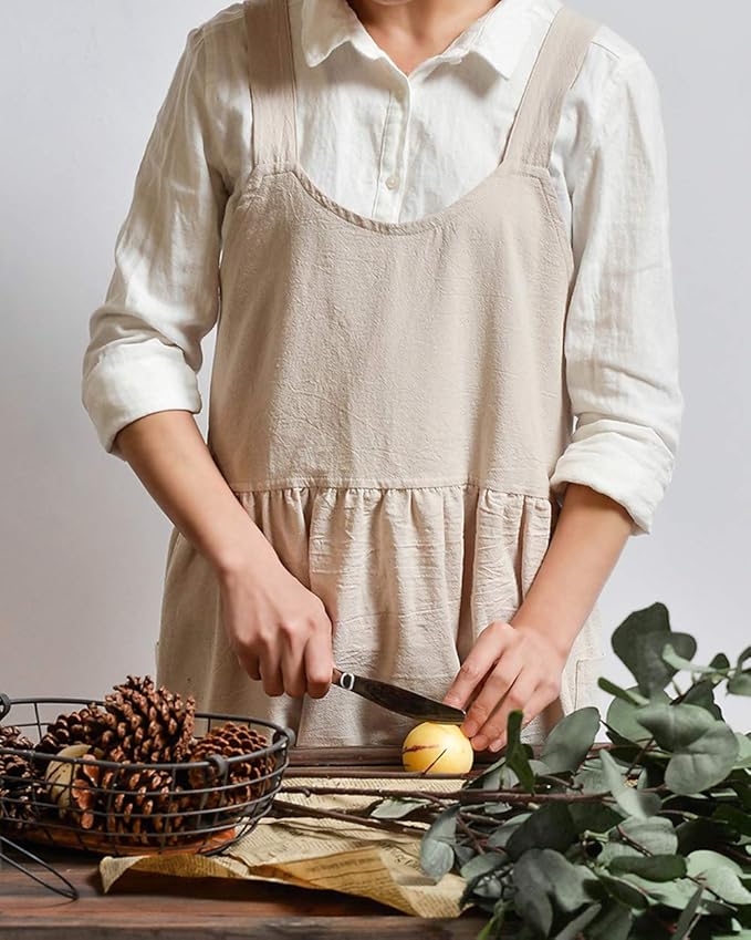 NEWGEM Cotton Linen Cross Back Apron for Women with Pockets for Cooking Painting Beige without Waist Ties