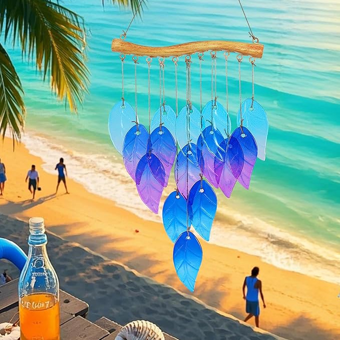 Glass Leaves Wind Chimes for Outdoor Memorial Decor - Unique Wind Chimes for Garden, Yard, Porch & Backyard, Durable Outside Decoration with Handcrafted Glass Design