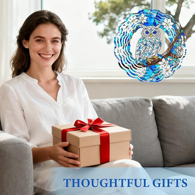 Owl Wind Spinners Outdoor, Owl Gifts for Women Men Wife Mom Husband Dad Grandpa, Hanging Wind Sculptures Spinners for Christmas, 12 inch Outdoor Indoor Hanging Ornament for Garden Porch