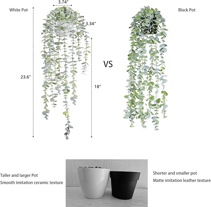 Decorative Hanging Plants for Shelf, Faux Ivy Eucalyptus Vine, Fake Greenery in White Bigger Pot (Light Green, 1PCS)