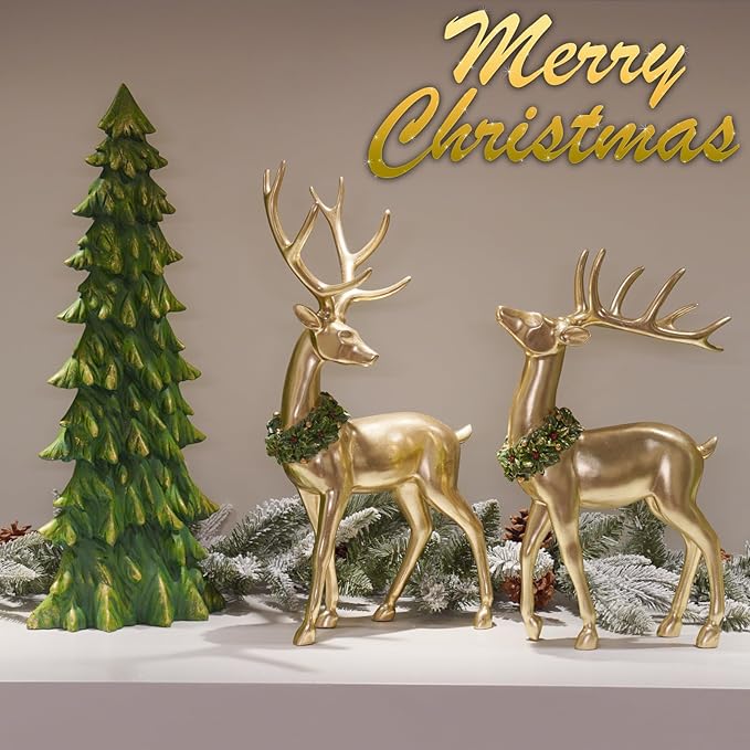 Newman House Studio Standing Reindeer Tree Figurine Christmas-Decor - 3PC Large Christmas Reindeer Decor Indoor Gold Resin Deer with Tree Statue White Farmhouse Decor 10.75 * 7 * 20.25 inch