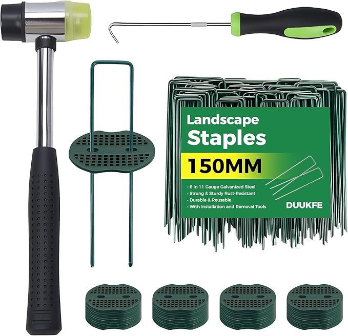 150pcs 6 Inch Green Artificial Turf Stakes Staples+150pcs Washers+Pick Hook+Rubber Mallet, 11 Gauge Landscape Staples Galvanized Lawn Spikes Yard Ground Pin for Artificial Grass Weed Barrier Fabric