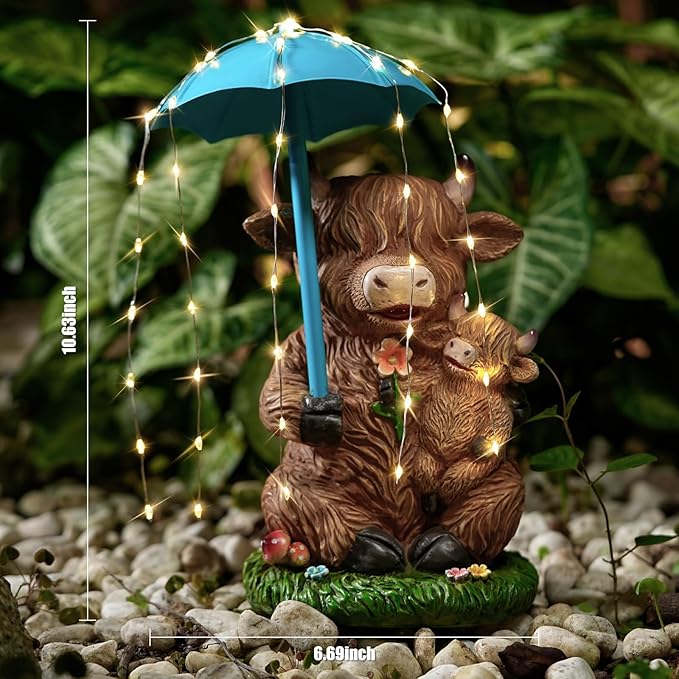 Solar Garden Statues Resin Loving Highland Cow Umbrella Lights Outdoor Decor Gifts for Yard, Patio Decorations