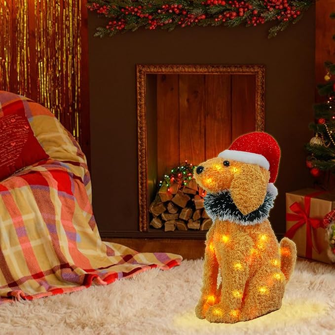Christmas Outdoor Decoration Lighted 3D Golden Retriever Dog Xmas LED Warm Lights Decor Indoor, Battery Powered Outdoor Holiday Decorations for Home, Yard, Garden